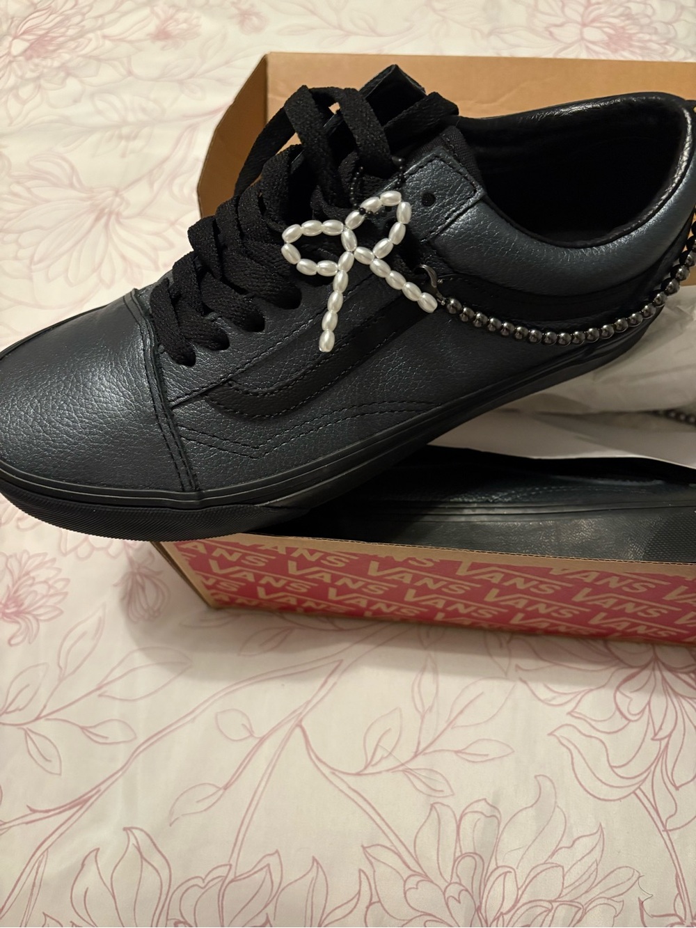 Vans Black Leather Low-Top Sneakers with Beaded Charm